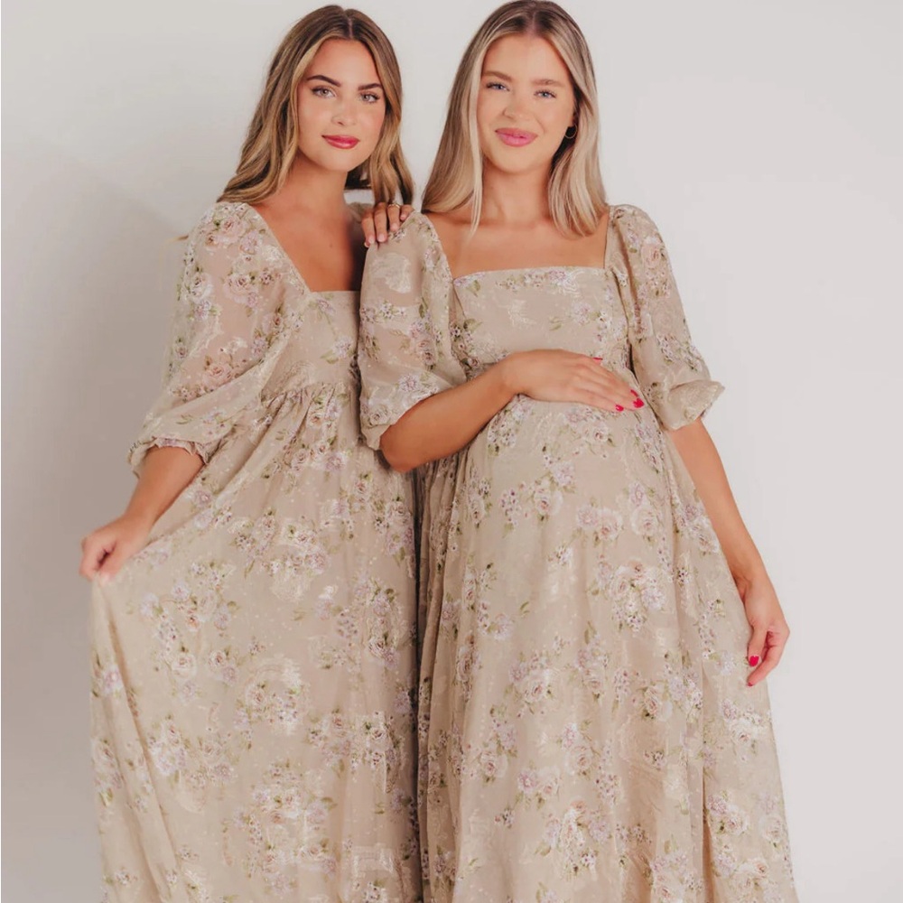 Worth Collective Mona Maxi Dress in Beige/Brown Floral - Bump Friendly, Size S